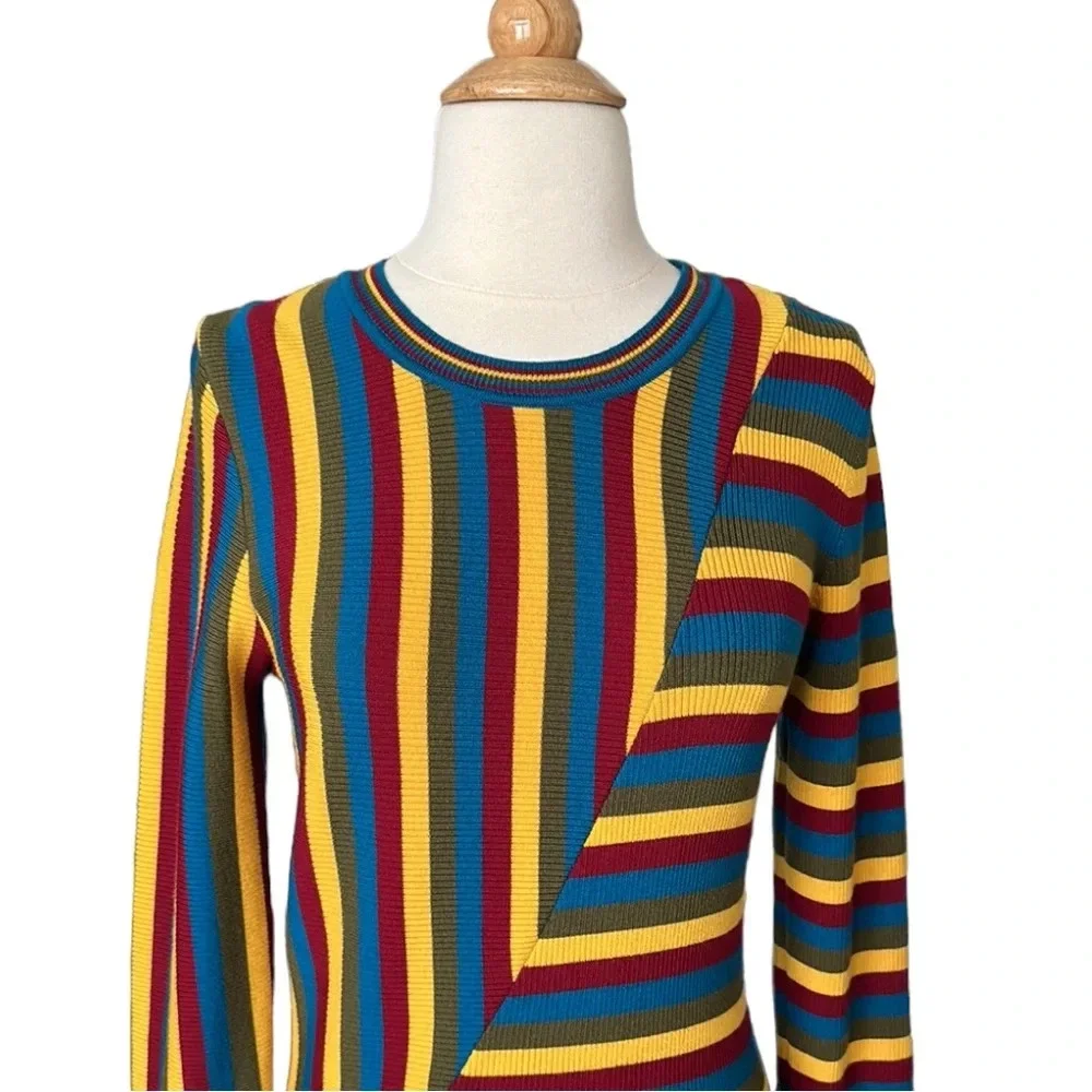 VICTOR‎ GLEMAUD Wool Knit Sweater Dress Multi-Color Striped Retro 70s, Medium